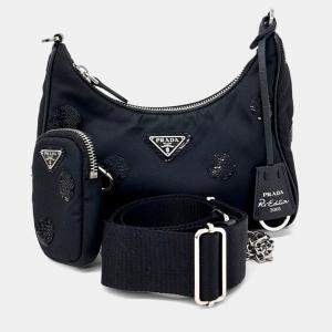 Pre Owned Prada Black Nylon Re-Nylon Polka Dot Tessuto Chain Strap Hobo Bag