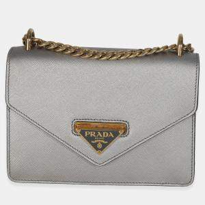 Pre Owned Prada Silver Saffiano Soft Calfskin Metal Triangle Logo Envelope Chain Bag