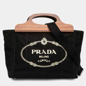 Pre Owned Prada Black Canvas Wood Handle Canapa Logo Satchel