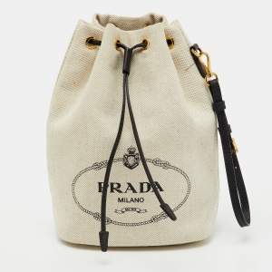 Pre Owned Prada Off White/Black Canvas and Leather Logo Drawstring Wristlet Pouch