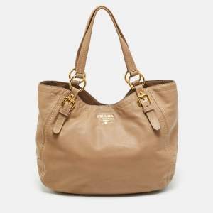 Pre Owned Prada Beige Soft Leather Buckle Tote