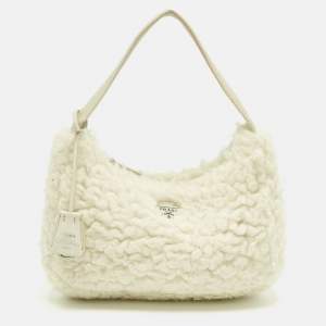 Pre Owned Prada White Wool Re-Edition 2000 Shoulder Bag