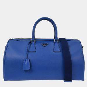 Pre Owned Prada Blue Leather Travel Duffle 2way Shoulder Handbag