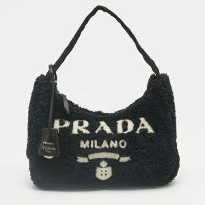 Pre Owned Prada Black Terry Cloth Mini Re-Edition 2000 Baguette Bag