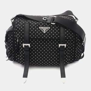 Pre Owned Prada Studded Shoulder Bag Nylon Leather Black