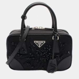 Pre Owned Prada Tessuto+Saffiano Handbag In Nylon And Saffiano Leather Black