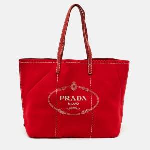 Pre Owned Prada Red Neoprene and Leather Logo Canapa Tote