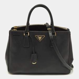 Pre Owned Prada Black Saffino Leather Medium Double Zip Tote