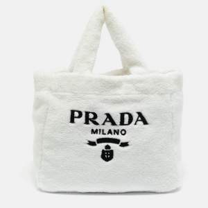 Pre Owned Prada White/Black Terry Cloth Logo Tote
