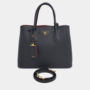Pre Owned Prada Black Leather Saffiano Double Tote and Shoulder Bag