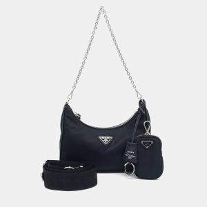 Pre Owned Prada Black Nylon Re-Nylon Tessuto Chain Strap Hobo Bag