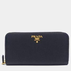 Pre Owned Prada Black Leather Dino Long Wallet
