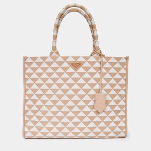 مملوكة مسبقًا Prada Beige/White Woven Large Symbole Tote