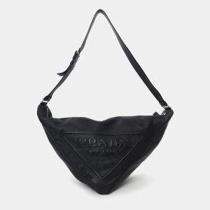 Pre Owned Prada Black Grained Leather Triangle Large Sling Crossbody
