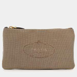 Pre Owned Prada Beige Logo Jacquard Canapa Clutch