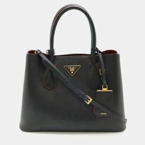 Pre Owned Prada Double Handbag/Shoulder Bag Two-Tone Embossed Leather Nero Black