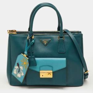 Pre Owned Prada Phenix Front Pocket Green/Blue Saffiano Lux Leather Double Zip Tote