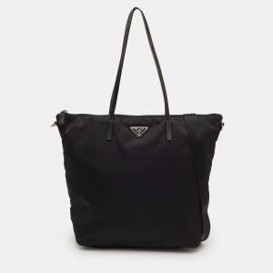 Pre Owned Prada Logo Zip Black Nylon and Leather Tote