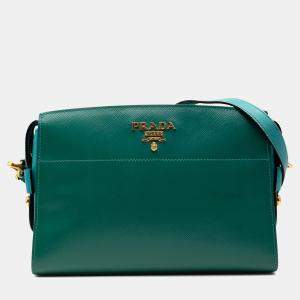 Pre Owned Prada Blue Green Bicolor Saffiano Vernice Esplanade Crossbody