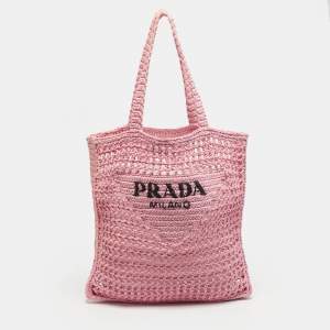 Pre Owned Prada Pink Crochet Straw Vertical Tote