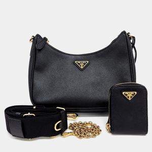 مملوكة مسبقًا حقيبة هوبو سلسلة جلد سفينو أسود برادا