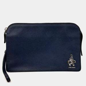 مملوكة مسبقًا Prada Navy Blue Leather Saffiano Clutch
