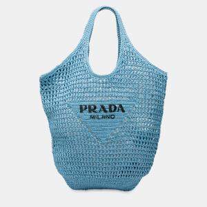 Pre Owned Prada Blue Raffia Effect Crochet Logo Embroidered Shopping Tote