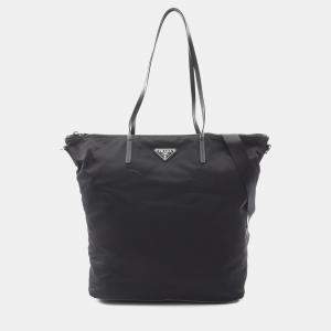 Pre Owned Prada Tessuto Black Nylon Saffiano Leather Tote Bag