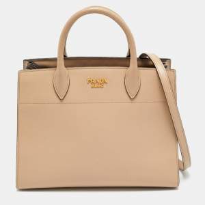 Pre Owned Prada Bibliotheque Beige Saffiano Leather Tote