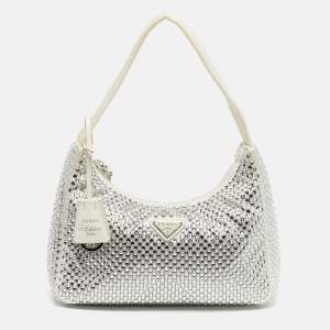 Pre Owned Prada Re-Edition 2000 Crystals Off White Satin Shoulder Bag