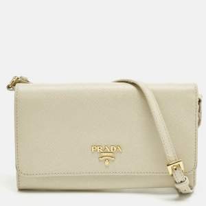 مملوكة مسبقًا Prada Cream Saffiano Leather Crossbody Wallet On Strap