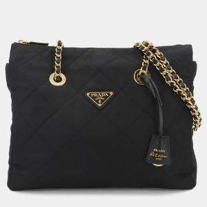 Pre Owned Prada Chain Black Nylon Saffiano Leather Tote Bag