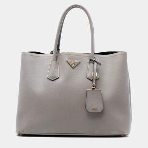 مملوكة مسبقًا Prada Grey Large Saffiano Cuir Double Satchel