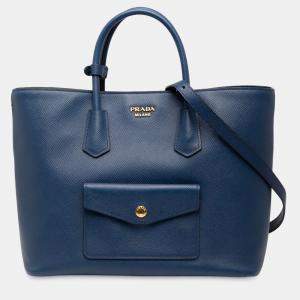 Pre Owned Prada Blue Saffiano Cuir Front Pocket Convertible Tote