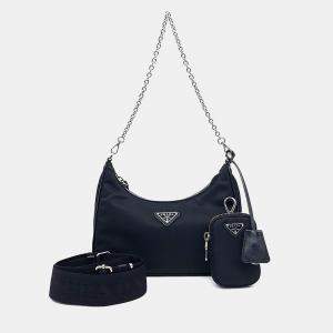 Pre Owned Prada Black Nylon Re-Nylon Tessuto Chain Strap Hobo Bag