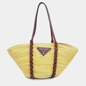Pre Owned Prada Beige Raffia Straw Raffia Basket Bag