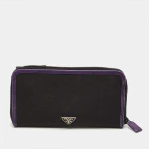 Pre Owned Prada Zip Around Black/Purple Nylon and Patent Leather Wallet