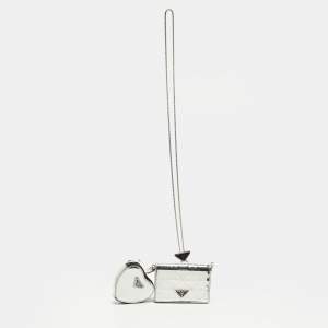 مملوكة مسبقًا Prada Silver Triangle Embossed Leather Wallet On Chain