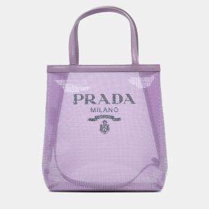 Pre Owned Prada Purple Small Sequined Mesh Logo Tote