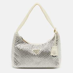 مملوكة مسبقًا Prada Re-Edition 2000 Crystal Studded White Satin Shoulder Bag