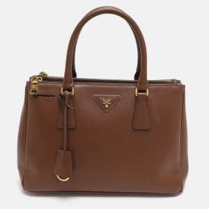 Pre Owned Prada Galleria Double Zip Small Brown Saffiano Lux Leather Tote