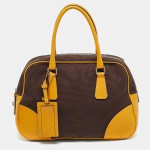 Pre Owned Prada Dark Brown/Yellow Canvas and Leather Bowler Bag
