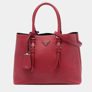 Pre Owned Prada Red Large Saffiano Cuir Double Satchel