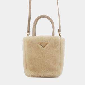 Pre Owned Prada 2Way Handbag Beige Sheepfur Leather