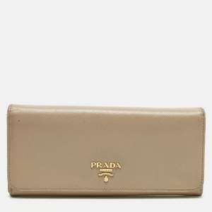 Pre Owned Prada Beige Saffiano Leather Flap Continental Wallet