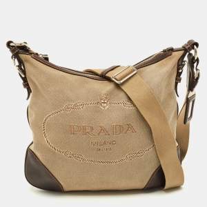Pre Owned Prada Brown/Beige Logo Jacquard Canvas Messenger Bag