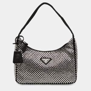 Pre Owned Prada Black Mini Satin Crystal Re Edition 2000 Shoulder Bag