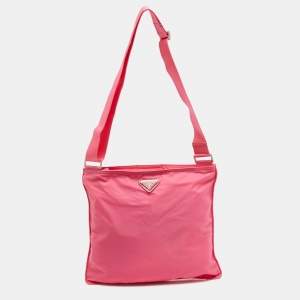 Pre Owned Prada Tessuto Pink Nylon Triangle Logo Top Zip Crossbody Bag