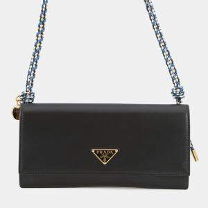 Pre Owned Prada Wallet With Shoulder Strap Black Leather