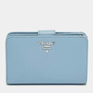 Pre Owned Prada Lampo Light Blue Saffiano Leather Compact Wallet